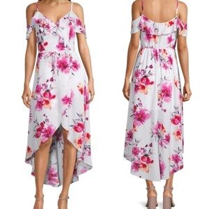 By & By Floral Pink White Cold Shoulder High Low Dress Summer Boho Juniors L